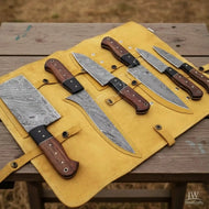 6-Piece Damascus Kitchen Set with Cleaver, Chef, Skinner and Utility Blades, Rosewood and Black Resin Handles