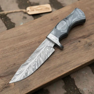 Bobcat Style Drop Point Hunting Knife Feather Damascus Blade Gray Pakka Wood Handle EDC Fixed Blade