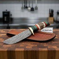 Handmade Damascus Straight Back Hunting Knife with Stag Handle Multi-Colored Pakka Wood Spacers