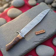 Handmade Damascus Steel Fighter Knife - Combat Blade with Wooden Handle & Leather Sheath