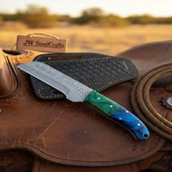 Damascus Straight Edge Cowboy Cleaver Knife 8" Green Blue Resin Handle Full Tang Pancake Sheath