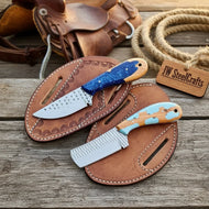 Ranchland Duo Cowboy Skinner Set of 2 Blue Resin Olive Wood Handle Western Pancake Sheath