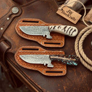 2 Piece Damascus Tracker Knife Set with Ram Horn and Pinecone Resin Handles