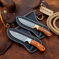 Wrangler's Pinecone Knife Set of 2 Orange Pinecone Handle Brass Steel Bolster Cross Draw