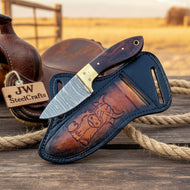 Damascus Highland Cow Crossdraw Knife Rosewood Handle Brass Bolster Buffalo Cross Pouch
