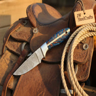 Damascus Skinner Knife with Blue Pinecone Handle, 7" Fixed Blade