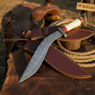 Tundra Ridge Damascus Kukri – Hand-Forged Stag & Bone Hunting Knife by Shard Blade