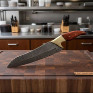 13" Overall Damascus Gyuto Chef Knife – Red Pakka Wood Handle and Brass Bolster