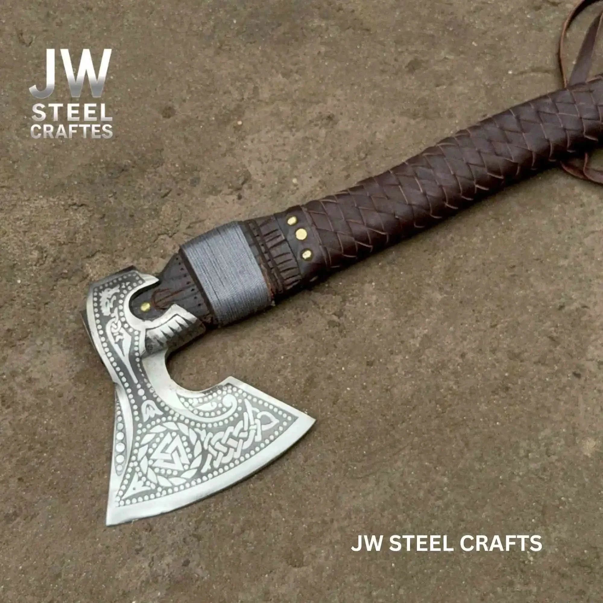 Engraved Norse Valknut Hatchet with Braided Leather Handle