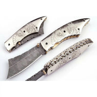 Handmade Damascus Folding Knife with Wolf Engraved Bone Handle & Leather Sheath