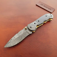 Handmade Damascus Folding Knife with Gray Micarta Handle, Custom Pocket Knife, EDC Damascus Folder by JW SteelCrafts