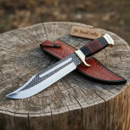 Handcrafted Western Bowie Knife Clip Point Hunting Blade with Brass Guard and Leather Sheath