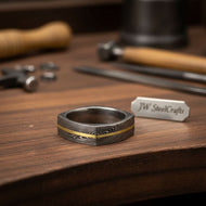 Damascus Steel Wedding Ring Faceted Band with Brass Inlay