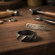 Mens Damascus Steel Faceted Wedding Band Handmade Geometric Ring