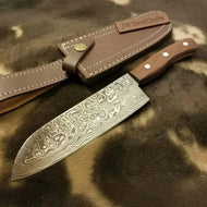 Pattern-Welded Damascus Drop Point Hunter — Full Tang, Rose wood, Premium Leather Sheath