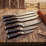 Hand-Forged Damascus Sujihiki Slicer Set — 6 Long Japanese-Style Carving Knives