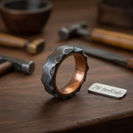 Damascus Steel Wedding Ring Hammered Texture with Copper Inner Band