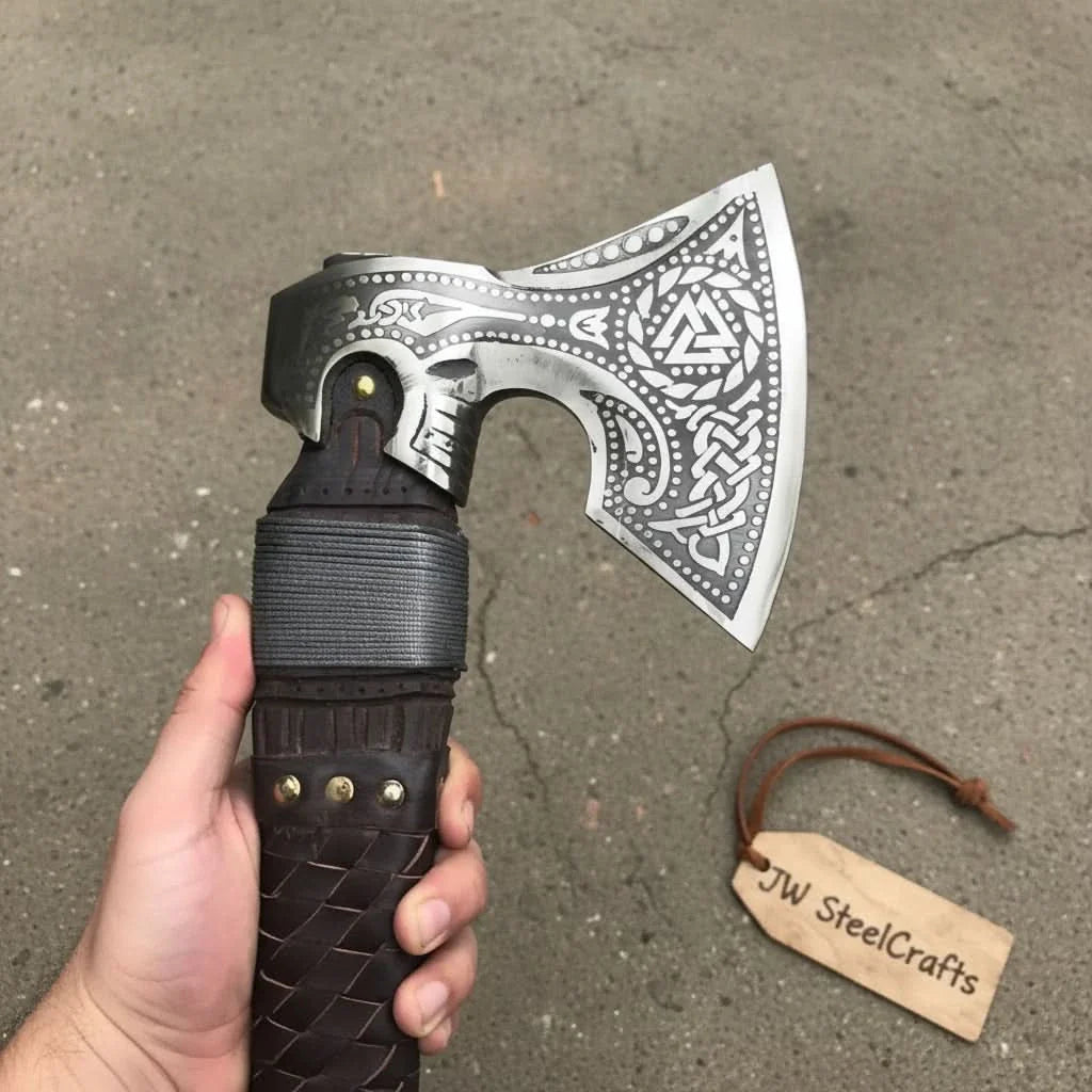 Engraved Norse Valknut Hatchet with Braided Leather Handle