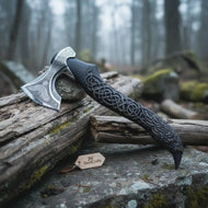 Handcrafted Viking-Style Bearded Axe with Engraved Steel Head and Carved Hardwood Handle