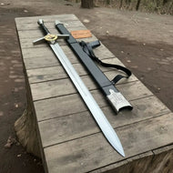 King's Oath Fantasy Longsword Replica Gold Guard, Gemstone Inlays & Leather Scabbard