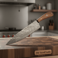 Chef Knife, Twist Pattern Damascus Steel Blade, Walnut Wood Handle with Mosaic Pin, Full Tang Professional Kitchen Knife, JW SteelCrafts
