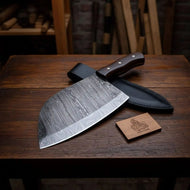 12-Inch Serbian Damascus Cleaver — Rosewood Handle & Leather Sheath
