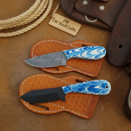 Set of 2 Cowboy Knives Blue Resin Handle Damascus Black Blade Western Pancake Sheaths