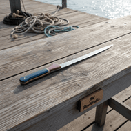 13-Inch Forged Damascus Boning & Fillet Knife — Blue and Red Two-Tone Resin Handle, Steel Bolster & Silver Pins