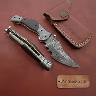 Handmade Damascus Folding Knife with Dark Wood Handle & Spine Jimping – Custom EDC Pocket Knife by JW SteelCrafts