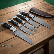 5-Piece Hunting Knife Set with Buffalo Horn Handle —  Ladder Damascus Blades & Black Buffalo Horn Handles