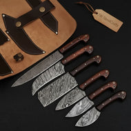 6-Piece Damascus Knife Set with Leather Roll