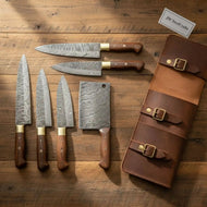 Full-Tang 6-Piece Damascus Kitchen Knife Set — Natural Rosewood Handles, Brass Bolsters, Leather Carry Roll