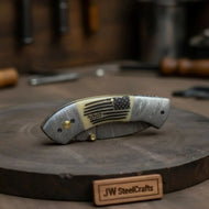 Handmade Damascus Drop Point Folding Knife – American Flag Handle, EDC Pocket Knife