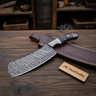 10-Inch Forged Damascus Nakiri Chopper — Ladder Pattern Blade, Engraved Damascus Bolster, Black Resin Handle & Tooled Leather Sheath