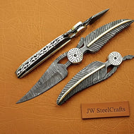 Damascus Steel Folding Knife with Sculpted Feather Handle & Brass Inlay | Handcrafted EDC Pocket Knife