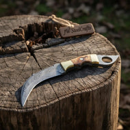 Damascus Steel Knife with Burned Bone Handle & Brass Bolster