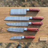 10" Chinese Cleaver & 13" Carving Knife Set — Twisted Damascus Steel with Red Pakka Wood Handles | JW SteelCrafts